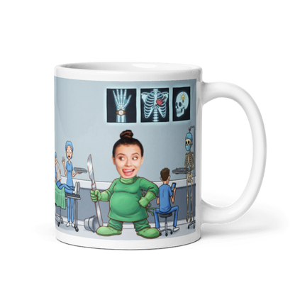 Surgeon photo mug with the handle on the right, a real face printed on the cartoon surgeon holding a giant scalpel