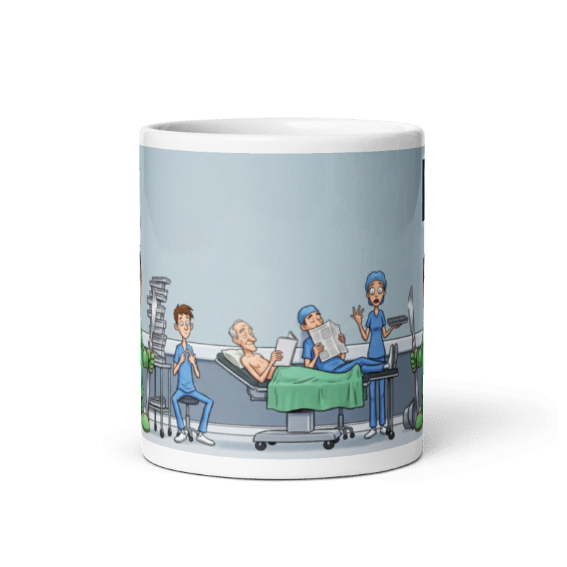 Back of the surgeon mug showing the wraparound operating theatre scene with the patient reading on the table