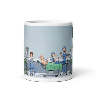 Back of the surgeon mug showing the wraparound operating theatre scene with the patient reading on the table