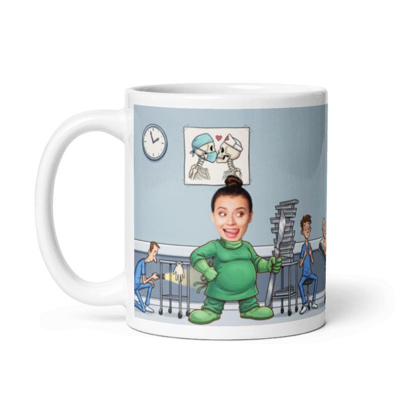 The same surgeon mug with the handle on the left, the face still showing on the surgeon