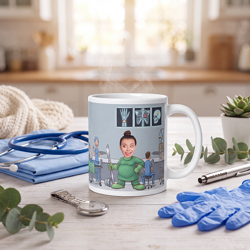 Personalized surgeon mug steaming on a kitchen counter beside a folded blanket and a plant