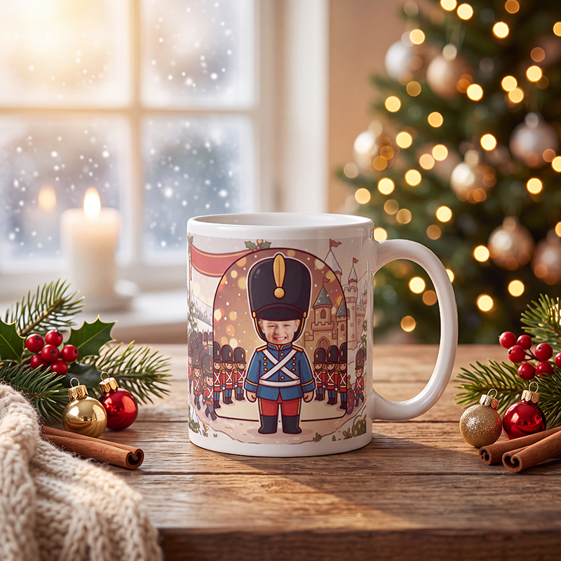 Personalized toy soldier mug on a wooden table with a lit Christmas tree and candles behind