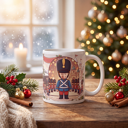 Personalized toy soldier mug on a wooden table with a lit Christmas tree and candles behind