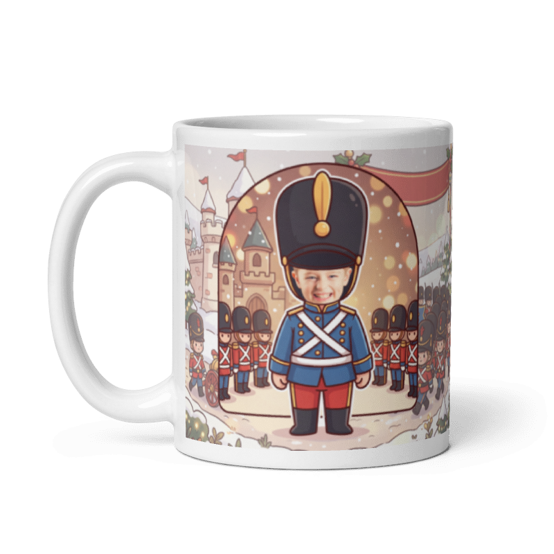 The same toy soldier mug with the handle on the left, face still showing