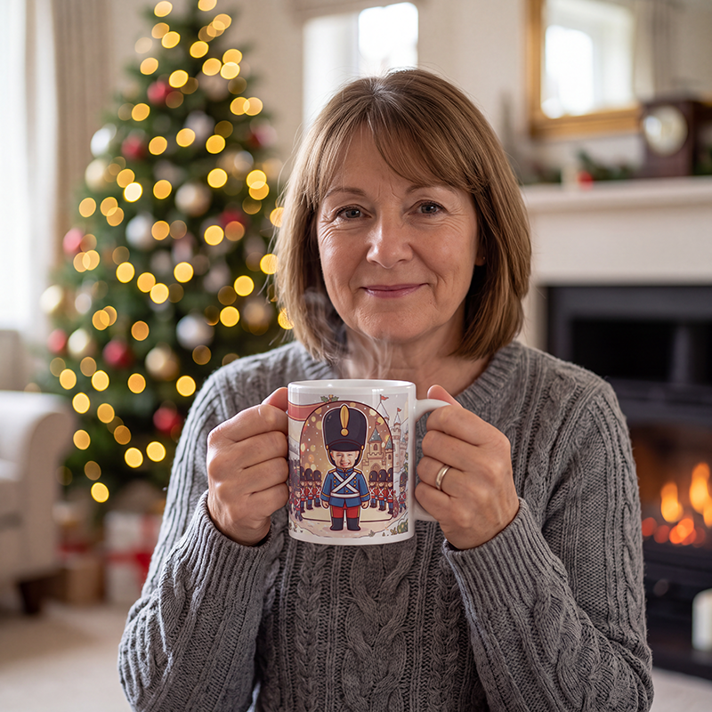 Toy soldier photo mug held in both hands to show the size